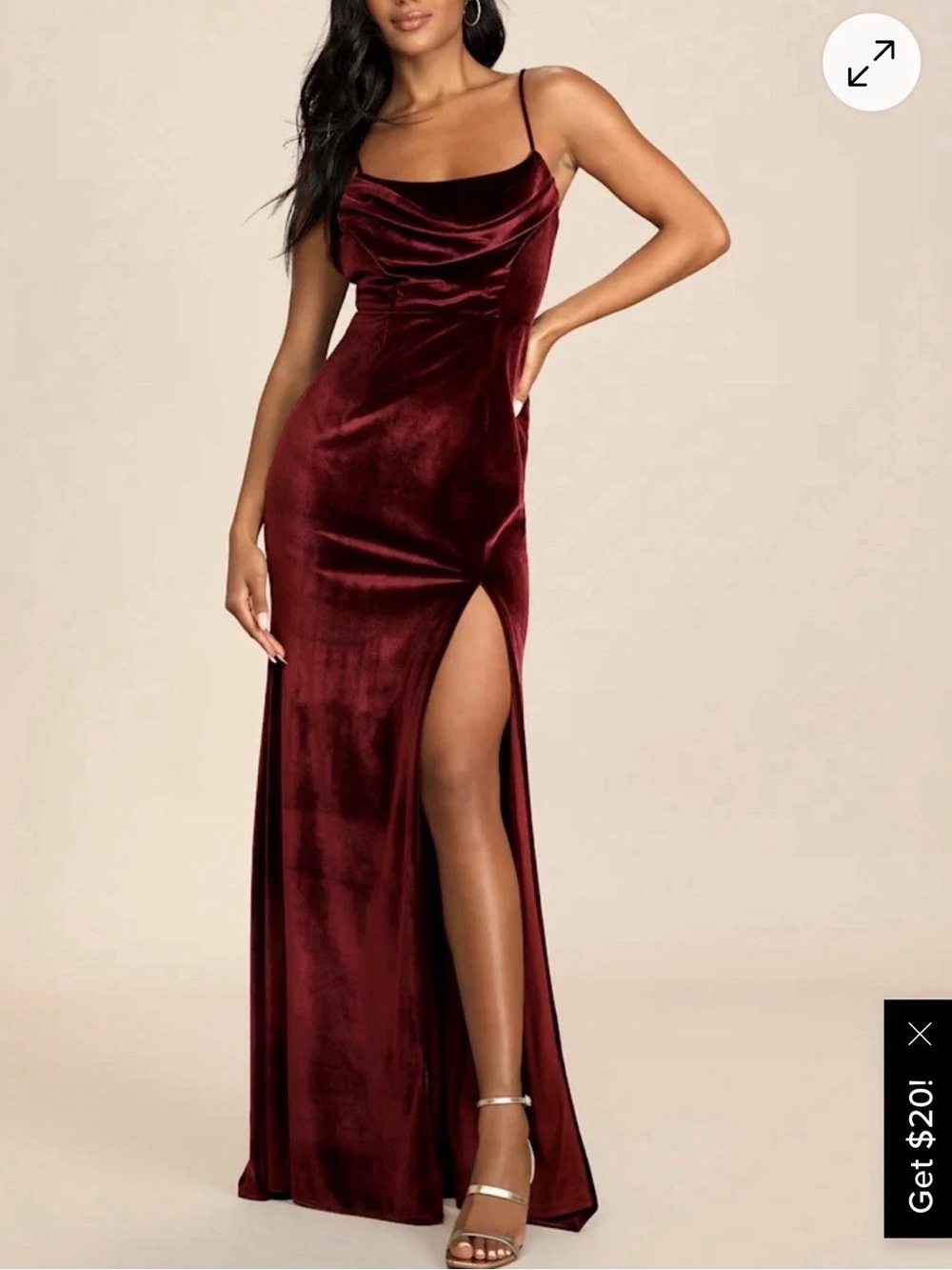 Lulu's Burgundy Velvet Cowl Neck Spaghetti Strap Maxi Dress
